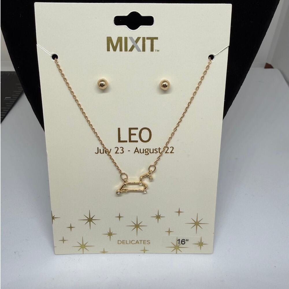 Leo Zodiac Necklace Earrings Set Jewelry Mixit Gold Tone 16 Inch Astrology NWT